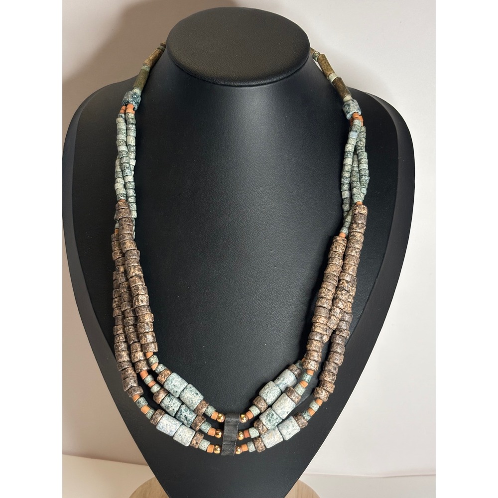 Vintage Multi Strand Stone Bead Necklace Boho Statement Artisan Green Brown 21"